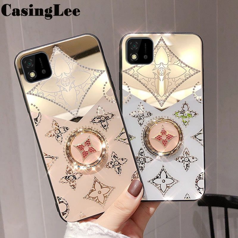 CasingLee For Realme C20 case Navigation Magnetic Ring Holder Luxury Diamond clover Mirror Back Cover OPPO Realme C20 Phone cases cover Luxury with Lanyard For girls and Boys