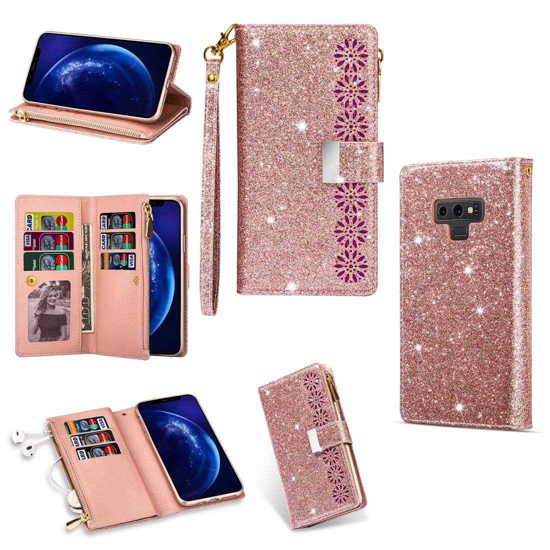 (Ready Stock)For Samsung Galaxy Note9 Multi-card Slots Starry Sky Laser Carving Glitter Zipper Horizontal Flip Leather Case with Holder & Wallet & Lanyard(Black)