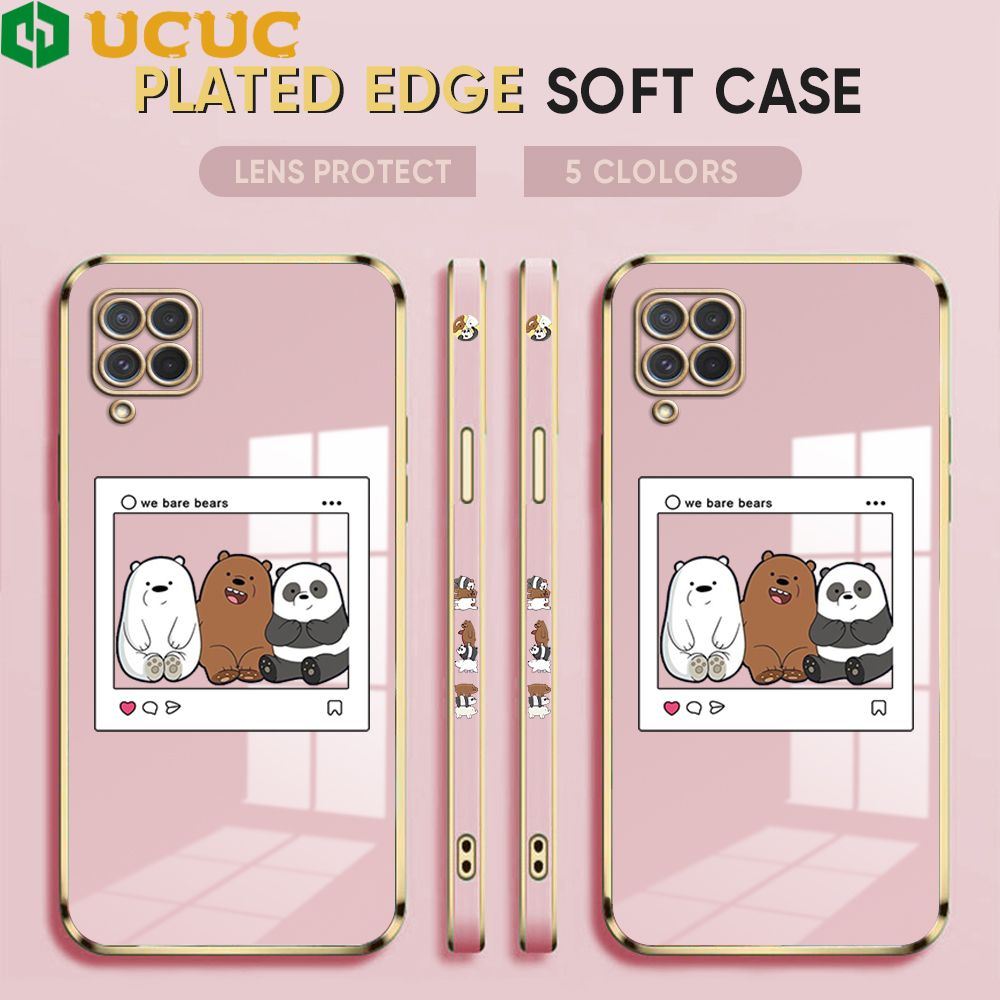 UCUC for Samsung Galaxy M62 Cover Bears Photo Luxury 6D Plating Soft Casing Silicone Square Frame Phone Case Shiny Bling Back Cover + Free Lanyard