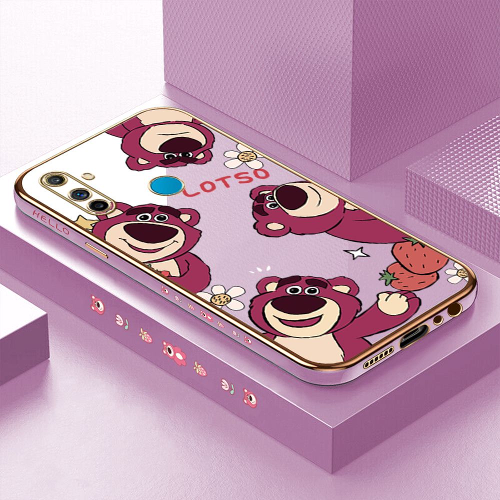 ZeroQiQi for Realme C3 Back Cover Cute Bear Luxury 6D Plating Case Side Pattern Soft Silicone Square Phone Cases + Free Lanyard