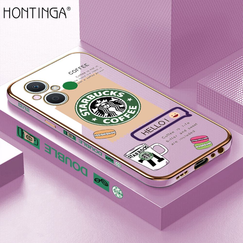 Hontinga for OPPO F21 Pro 5G/Reno7 Z 5G Back Cover + Free Lanyard Luxury 6D Plating Fashion Coffee Side Pattern Case Soft Silicone Square Phone Cases