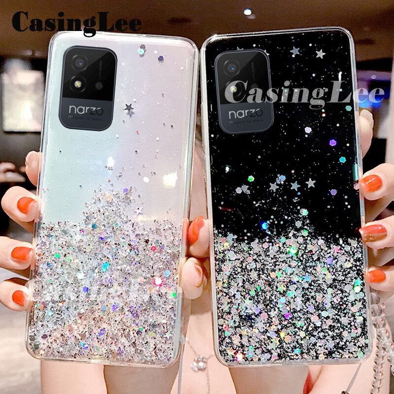 Casinglee For Realme Narzo 50i case Full Stars Moon Glitter Bling Sequins Cases Soft Back cover for Realme Narzo 50i Phone cases Starry Sky Transparent For girls and Boys