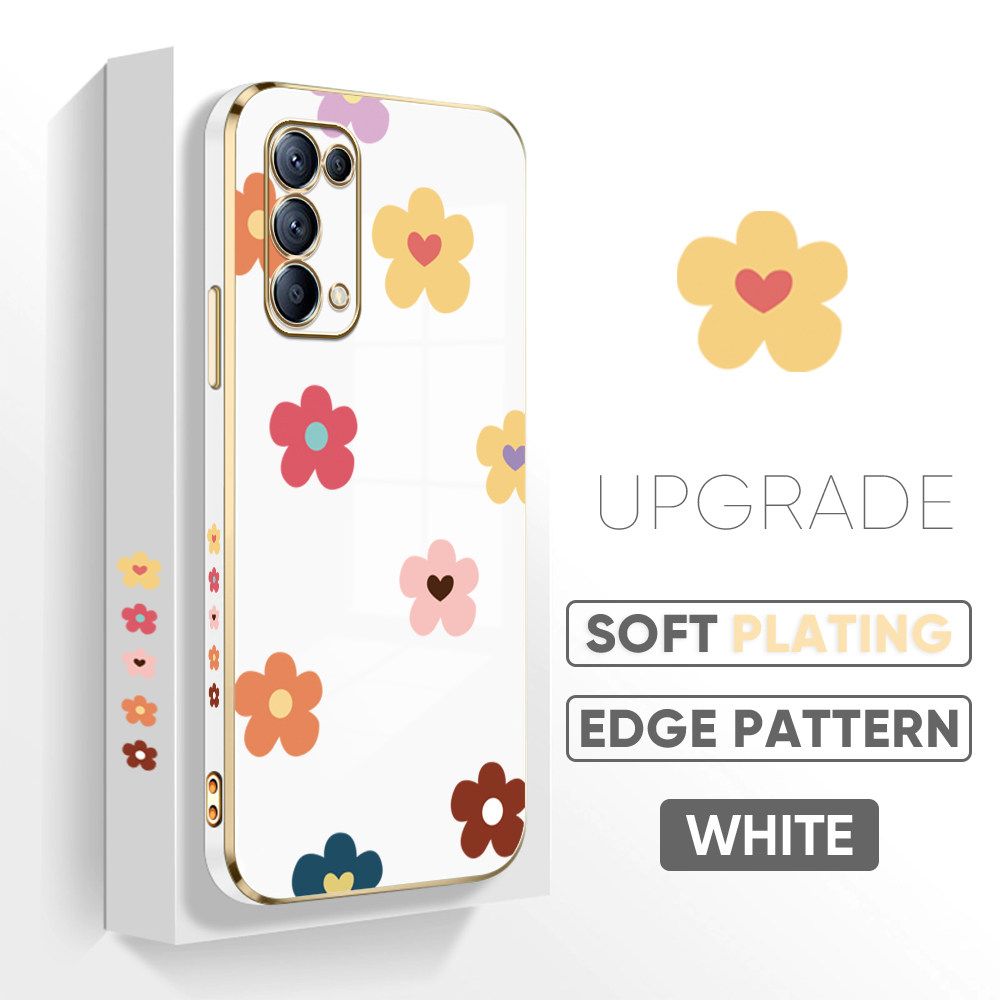TA for OPPO Reno5 4G 5G Back Cover + Free Lanyard Falling Flowers Luxury 6D Plating Case Side Pattern Soft Silicone Square Phone Cases