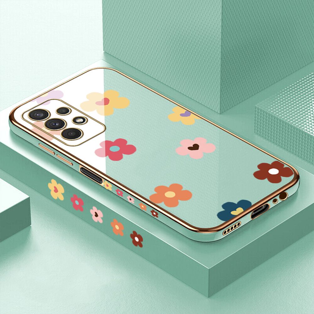 Luxury 6D Plating Case for Samsung A32 5G Color Cartoon Flowers Side Pattern Back Cover Soft Silicone Square Phone Cases + Free Lanyard