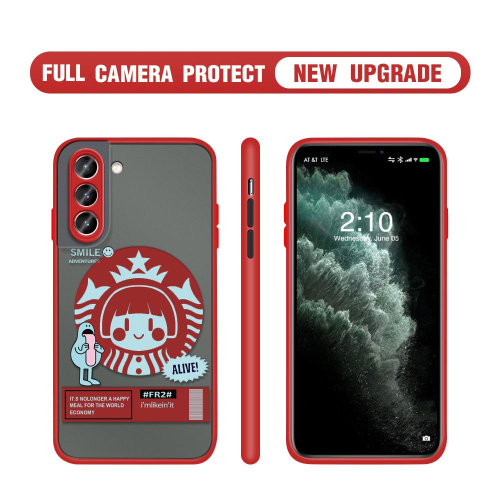 Hontinga for Samsung S21 Plus 5G Case Cute Coffee Girl Camera Shockproof Protection Casing Edge Frosted Transparent Phone Cover