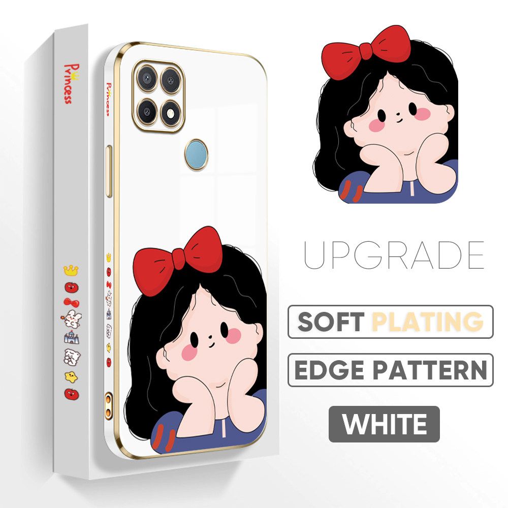 TA for OPPO A15 A15s Back Cover + Free Lanyard Cute Princess Luxury 6D Plating Case Side Pattern Soft Silicone Square Phone Cases