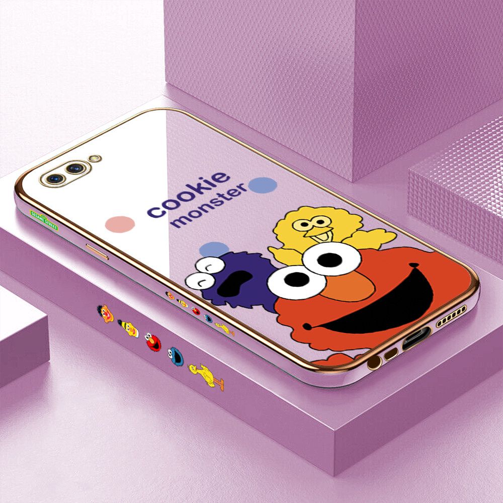 Luxury 6D Plating Case for OPPO A3S Color Cute Cartoon Sesame Monsters Side Pattern Back Cover Soft Silicone Square Frame Shiny Bling Phone Cases + Free Lanyard
