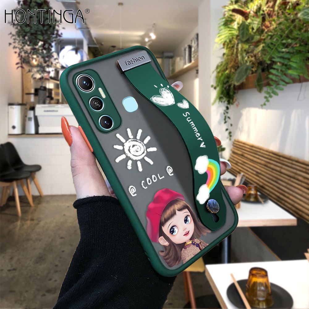 Hontinga for Infinix Hot 11 With Wristband Case Cute Red Hat Girl Frosted Cover Edge Full Lens Protection Phone Cases