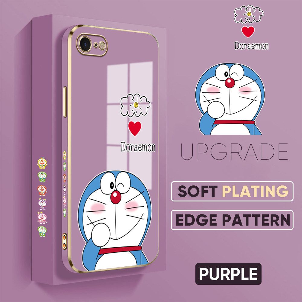 UCUC for iPhone 7 8 SE 2020 SE 2022 Back Cover + Free Lanyard Sneak Doraemon Luxury 6D Plating Case Side Pattern Soft Silicone Square Phone Cases
