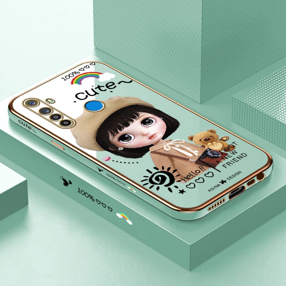 Luxury 6D Plating Case for Realme 5 5I 5S 6I Cute Satchel Girl Side Pattern Back Cover Soft Silicone Square Phone Cases + Free Lanyard