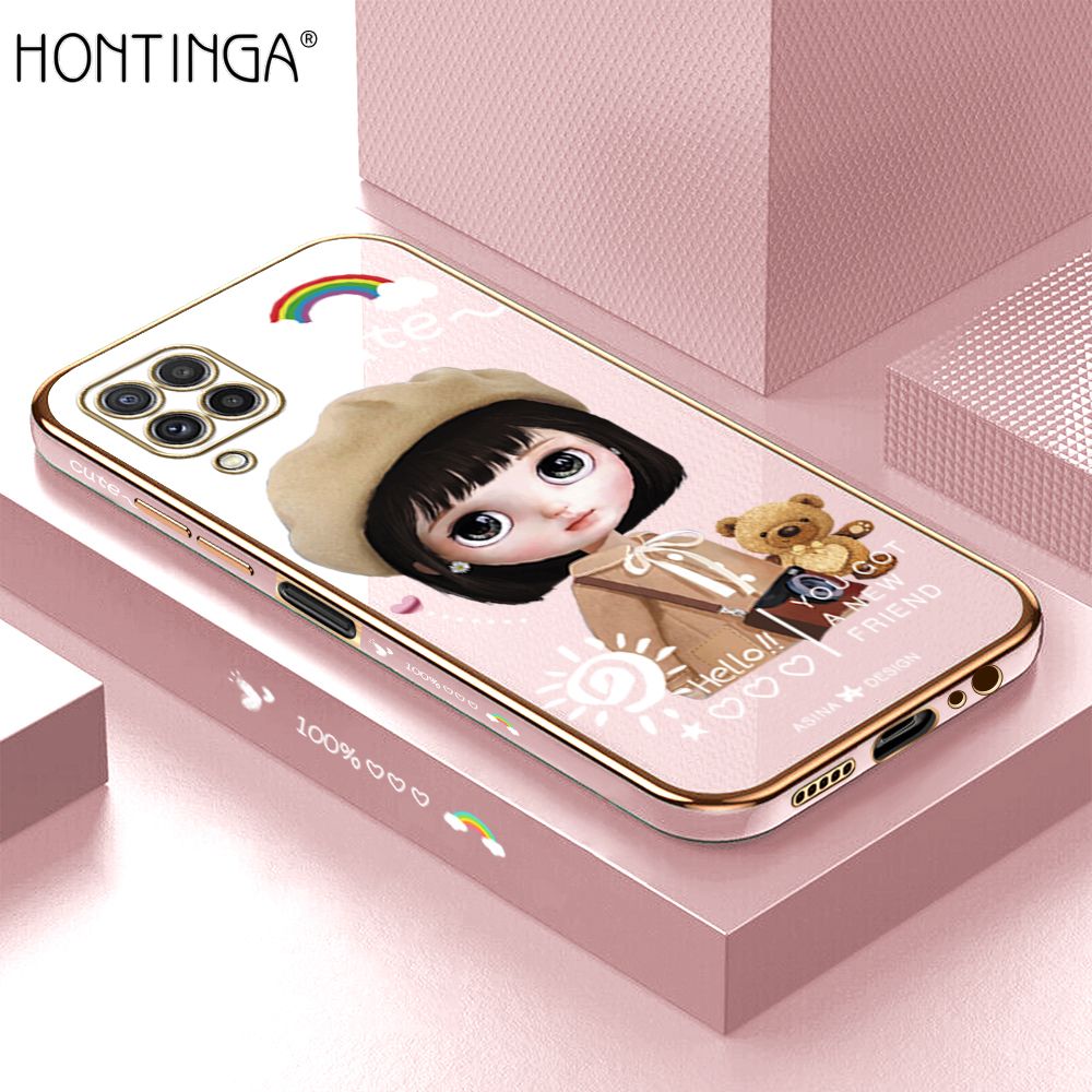Hontinga for Samsung A22 4G Back Cover + Free Lanyard Luxury 6D Plating Cute Satchel Girl Side Pattern Case Soft Silicone Square Mobile Cover
