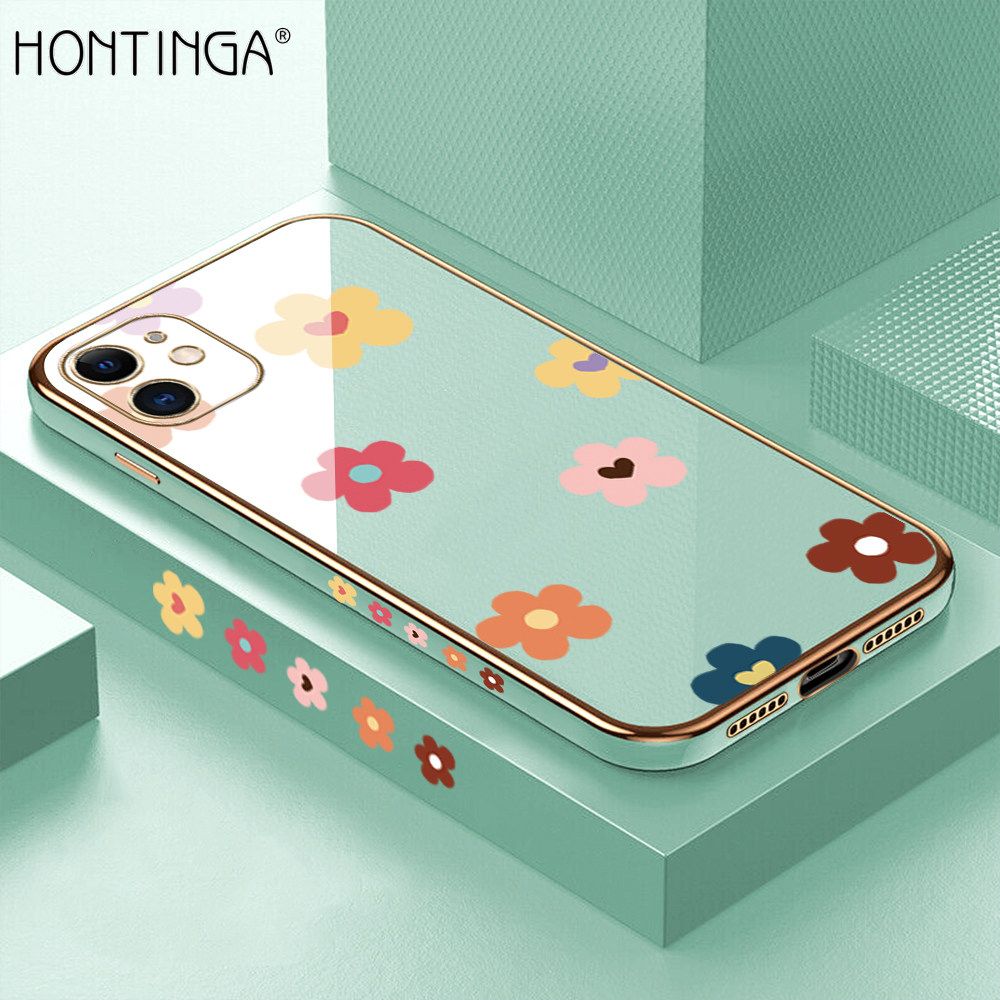 Hontinga for iPhone 11 Back Cover + Free Lanyard Luxury 6D Plating Falling Flower Side Pattern Case Soft Silicone Square Mobile Cover