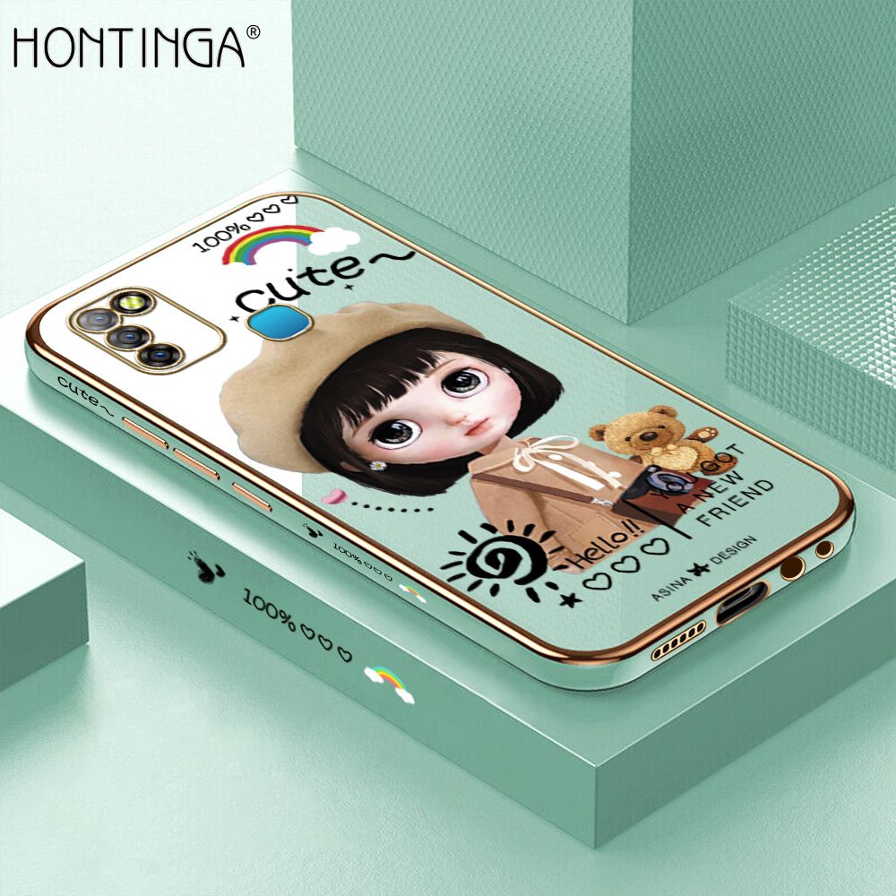 Hontinga for Infinix Smart 5 Back Cover + Free Lanyard Luxury 6D Plating Cartoon Satchel Girl Side Pattern Case Soft Silicone Square Phone Cases