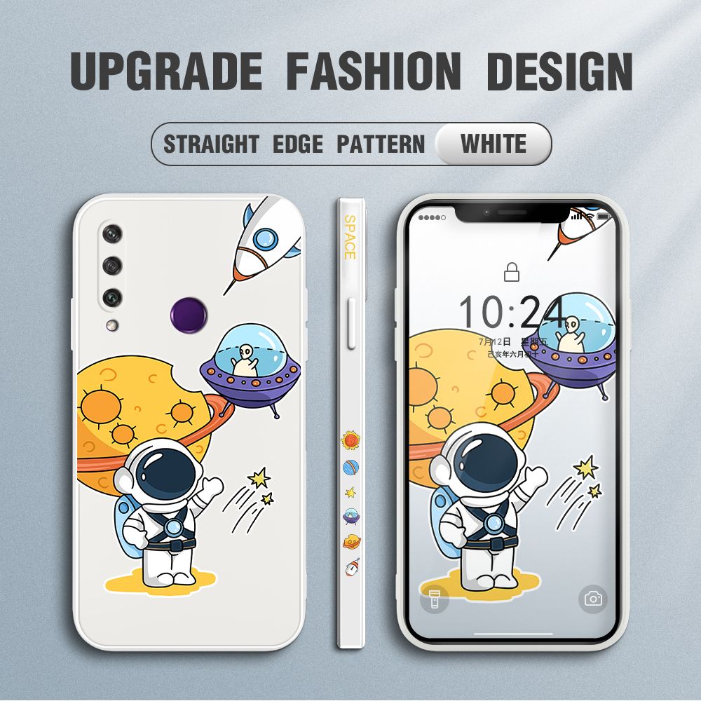 Jizetin for Huawei Y6P Case Side Design Phone Cover Moon Space Astronaut Cover Square Edge Pattern Liquid Silicone Trend Case
