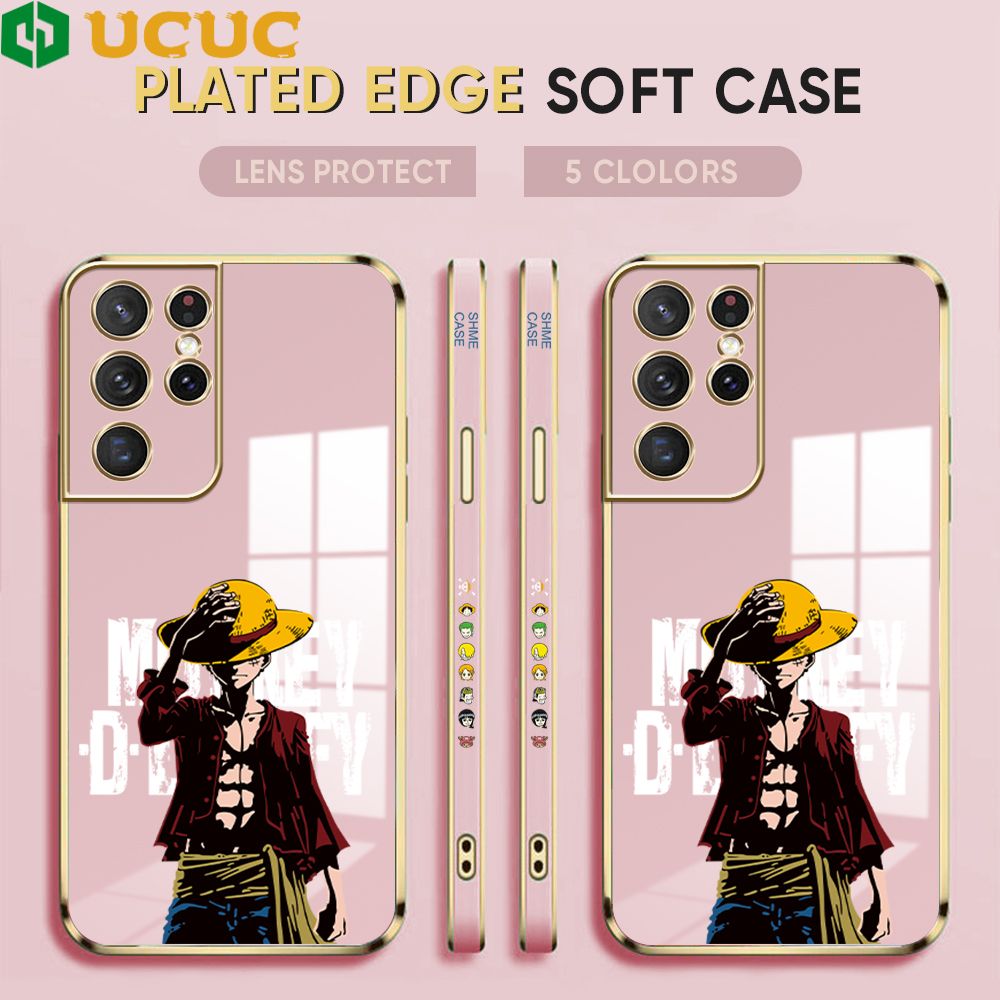 UCUC for Samsung S21 Ultra 5G Cover Holding Cap Luffy Luxury 6D Plating Soft Casing Silicone Square Frame Phone Case Shiny Bling Back Cover + Free Lanyard