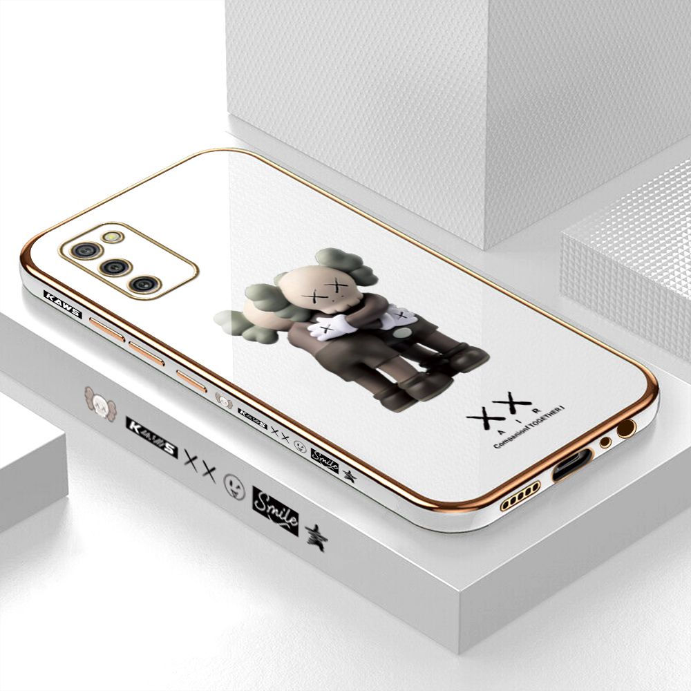 Luxury 6D Plating Case for Samsung A02S Cute Cartoon Hugging Bear Side Pattern Back Cover Soft Silicone Square Phone Cases + Free Lanyard