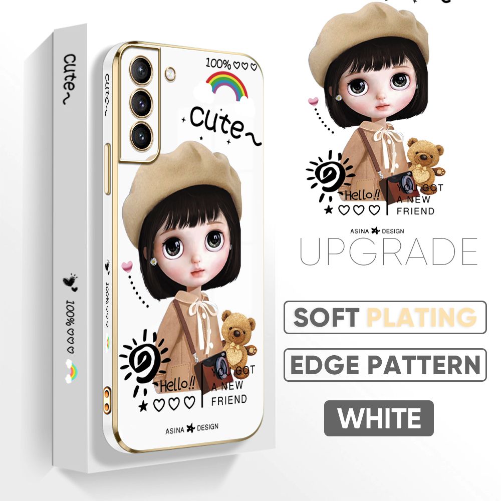 TA for Samsung Galaxy S21 Plus 5G Back Cover + Free Lanyard Satchel Girl Luxury 6D Plating Case Side Pattern Soft Silicone Square Phone Cases