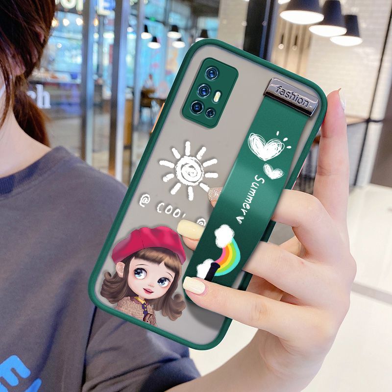 UCUC for Vivo V17 Wrist Strap Case Lovely Cartoon Red Hat Girl Wristband Printing Cover Shockproof Frosted Phone Case