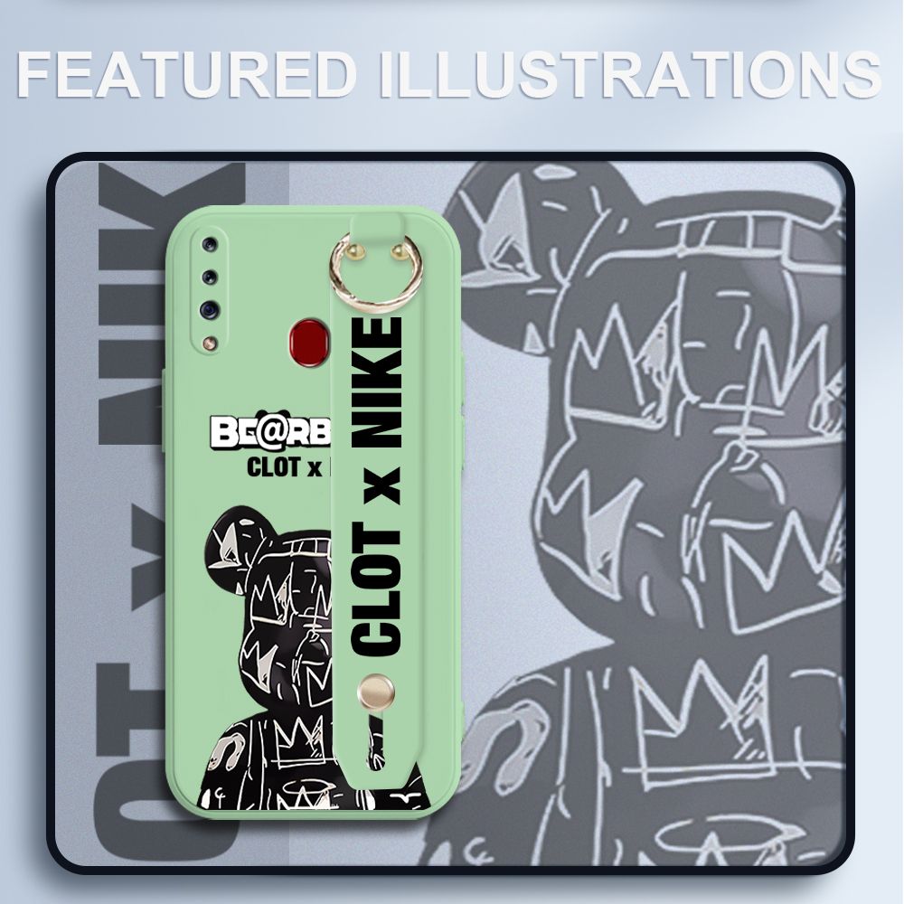 UCUC for Samsung Galaxy A20S Wrist Strap Case Creative Cartoon Black Stitching Bear Cover Ultra Thin Anti Fall Liquid Silicone Phone Case