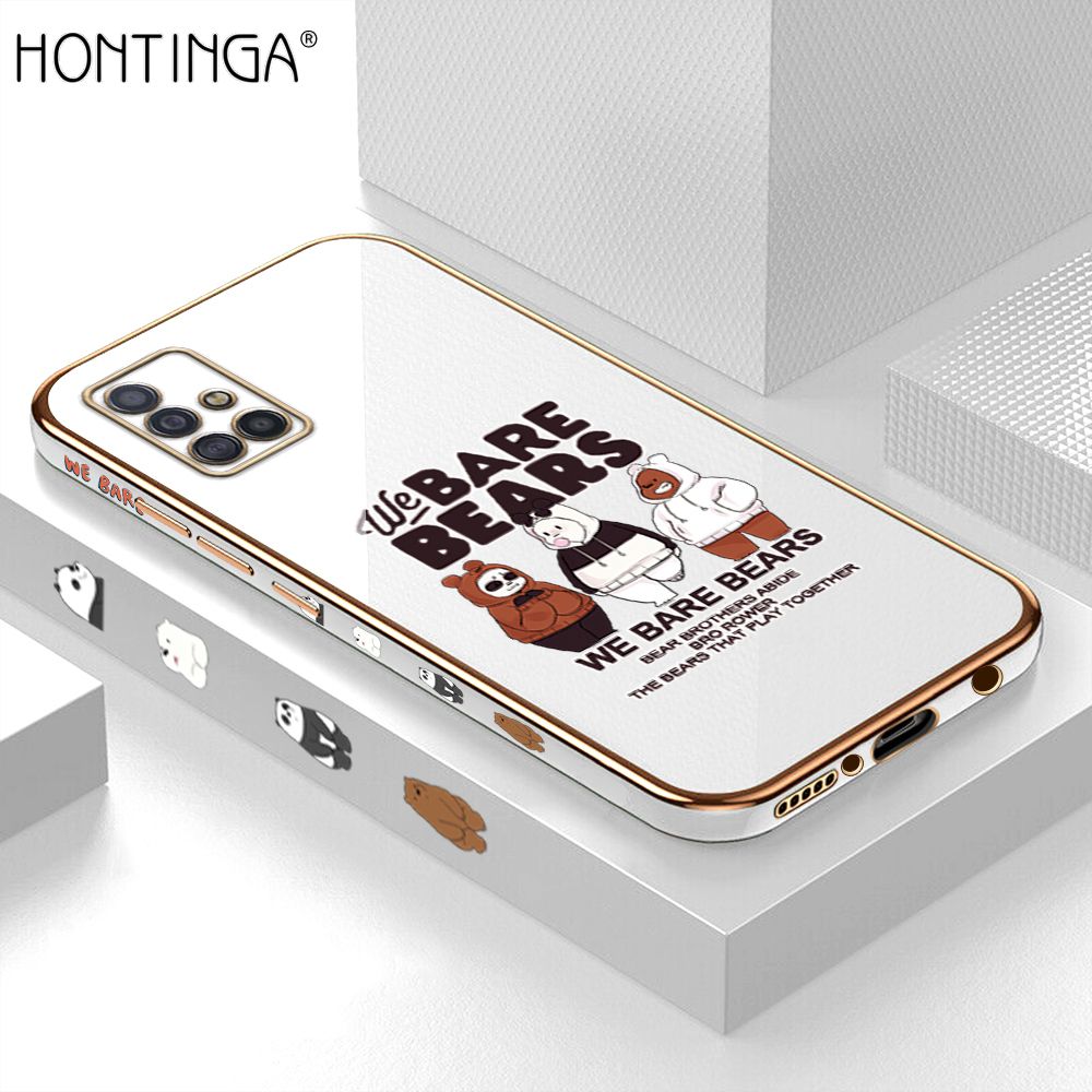 Hontinga for Samsung A51 4G Back Cover + Free Lanyard Luxury 6D Plating Cute Three Bears Side Pattern Case Soft Silicone Square Mobile Cover