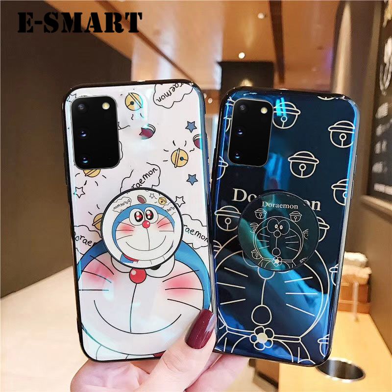 Phone Case Samsung Galaxy S20FE Back Cover Cute 3D Cartoon Blue Light Happy Doraemon Soft Couple Cases Stand Holder for Samsung S20FE S20 Fan Edition Case