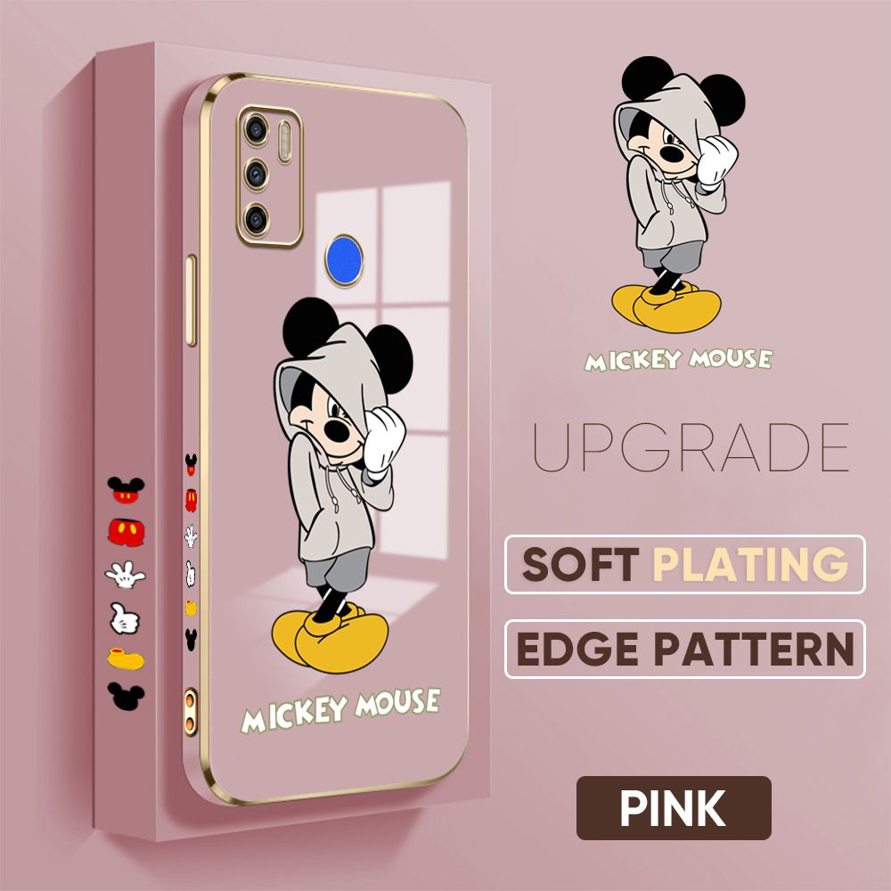 TA for Tecno Spark 5 Air / Tecno Spark 6 Air Back Cover + Free Lanyard Handsome Mouse Luxury 6D Plating Case Side Pattern Soft Silicone Square Phone Cases