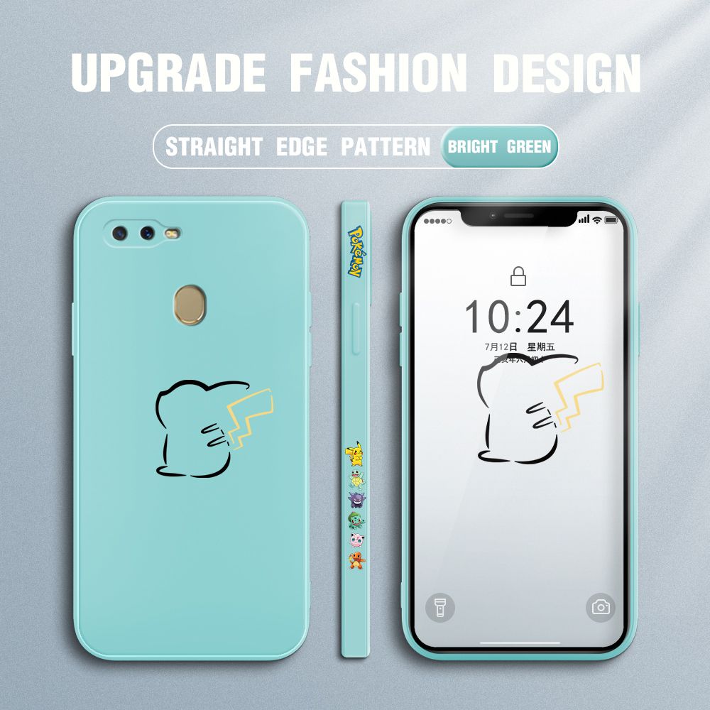 Jizetin for OPPO A7 Case New Pikachu Pokémon Design Side Design Phone Case Square Edge Pattern Liquid Silicone Cases Full Cover Camera Soft Protection Case