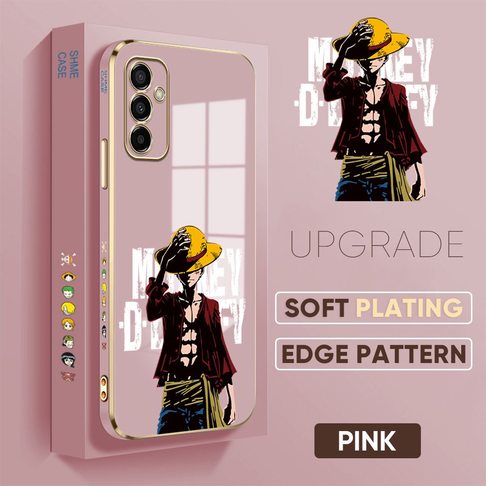 Jizetin (Free Lanyard) Samsung Galaxy M23 5G Back Cover Straw Hat Luffy Luxury 6D Plating Case Side Pattern Soft Silicone Square Mobile Phone Cases
