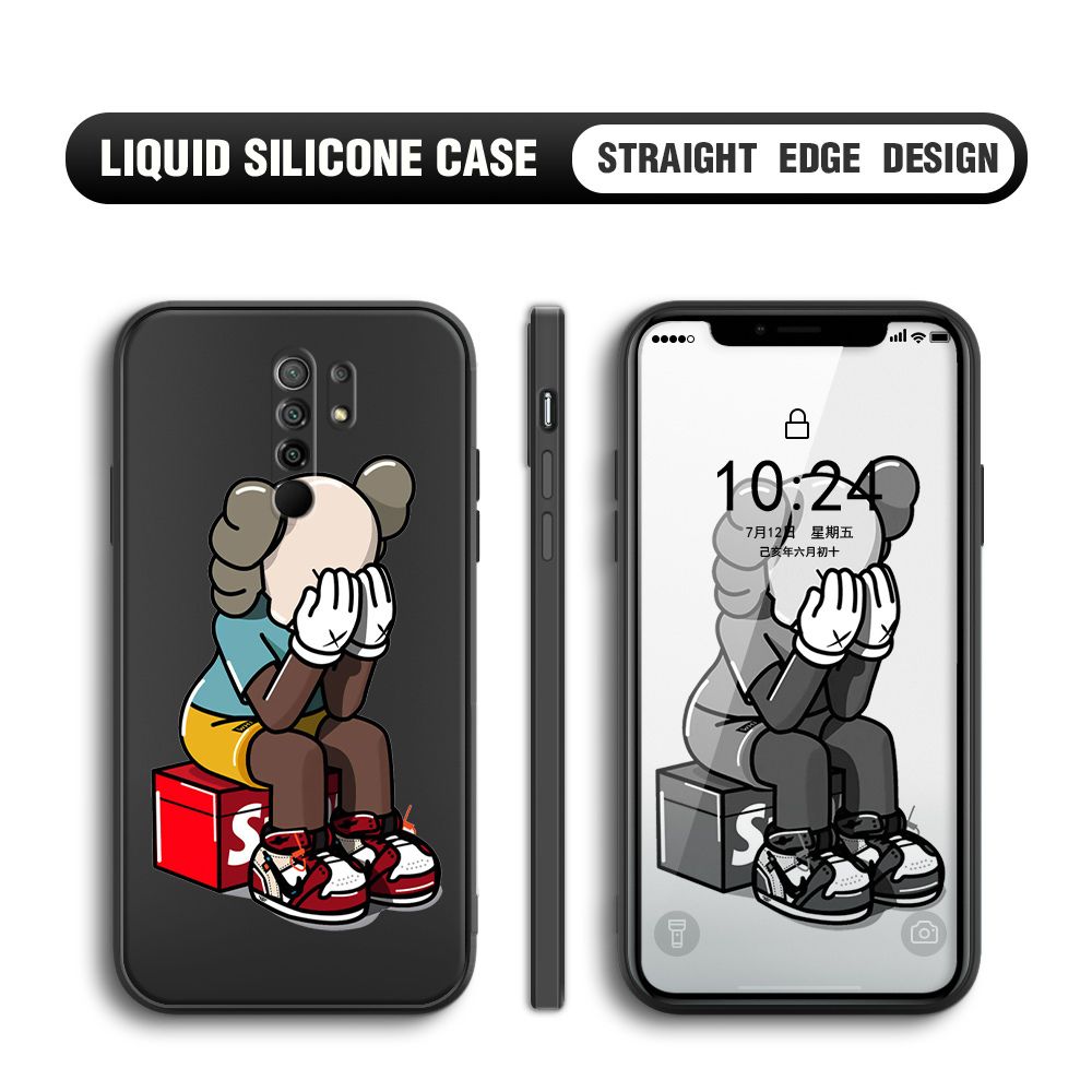 BILI for Redmi 9 / Xiaomi Poco M2 Back Cover Lonely Cry bear Multicolor Liquid Silicone Phone Case Soft Square Lens Protection Phone Cases
