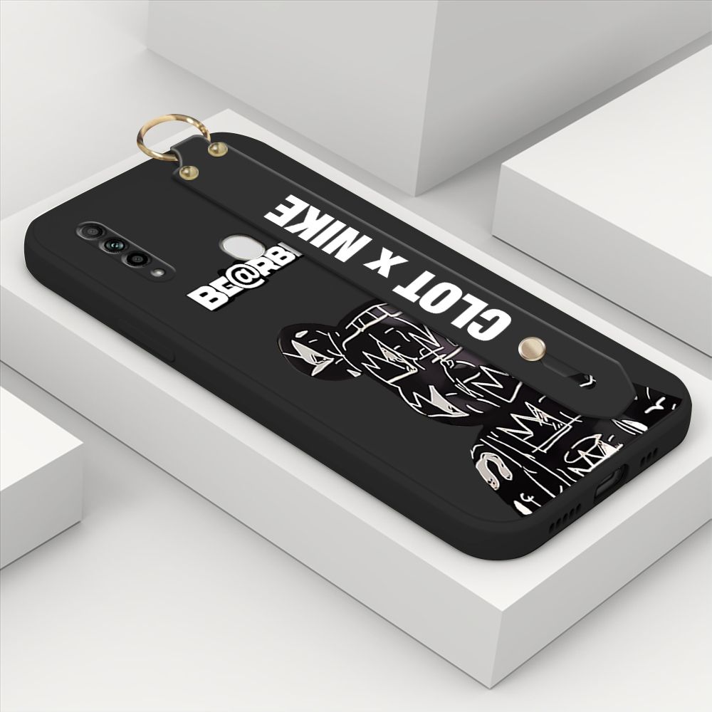 ZeroQiQi for OPPO A31 2020 Wrist Strap Case Fashion Black Brand Bear Phone Case Square Edge Liquid Silicone Cases Full Cover Camera Shockproof Protection Cases