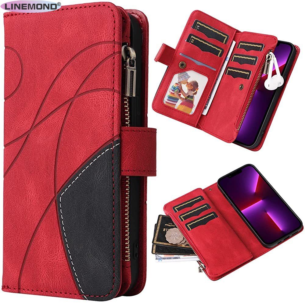 Wallet Case for Samsung Galaxy A13 5G, Splicing PU Leather Flip Wallet Zipper Purse Case 9 Card Slots with Wrist Strap, Red
