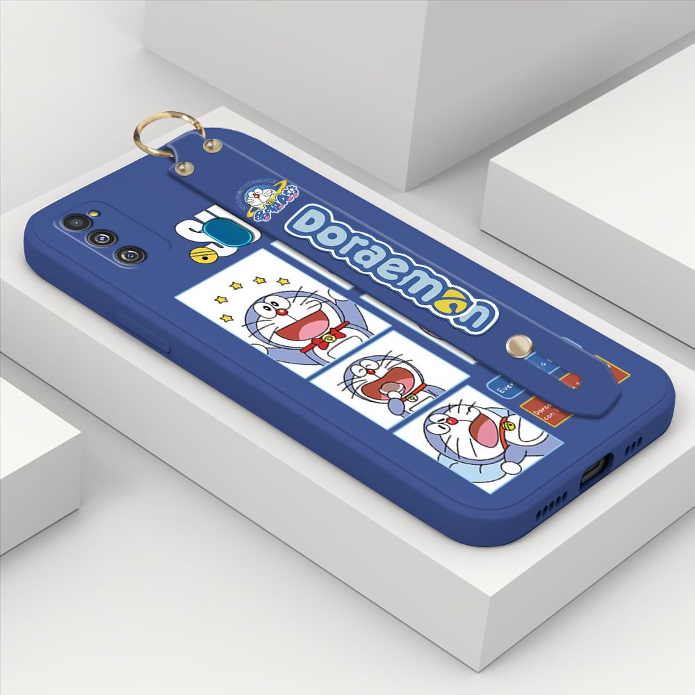 ZeroQiQi for Samsung Galaxy M21 Wrist Strap Case Cute Cute Cartoon Blue Cat Daily Life Cover Square Edge Liquid Silicone Creative Phone Protective Cases