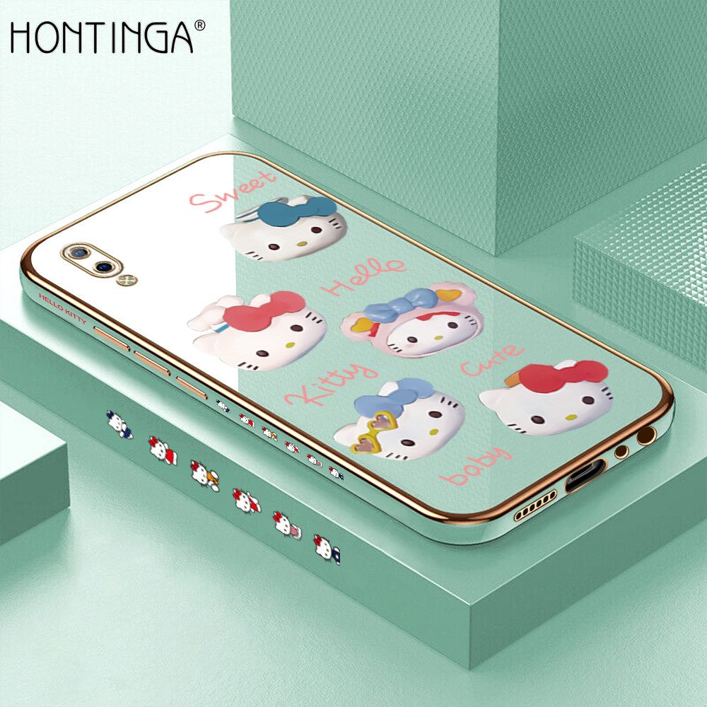 Hontinga for Vivo Y93 Y91C Back Cover + Free Lanyard Luxury 6D Plating Cartoon Cute Kitty Side Pattern Case Soft Silicone Square Phone Cases