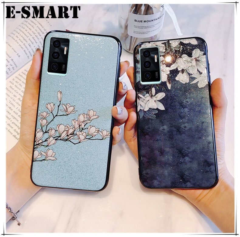 Phone case VIVO V23E Back Cover Flowers Gardenia & Magnolia Bling Glitter Soft Silicone Protector VIVO V23 E Case
