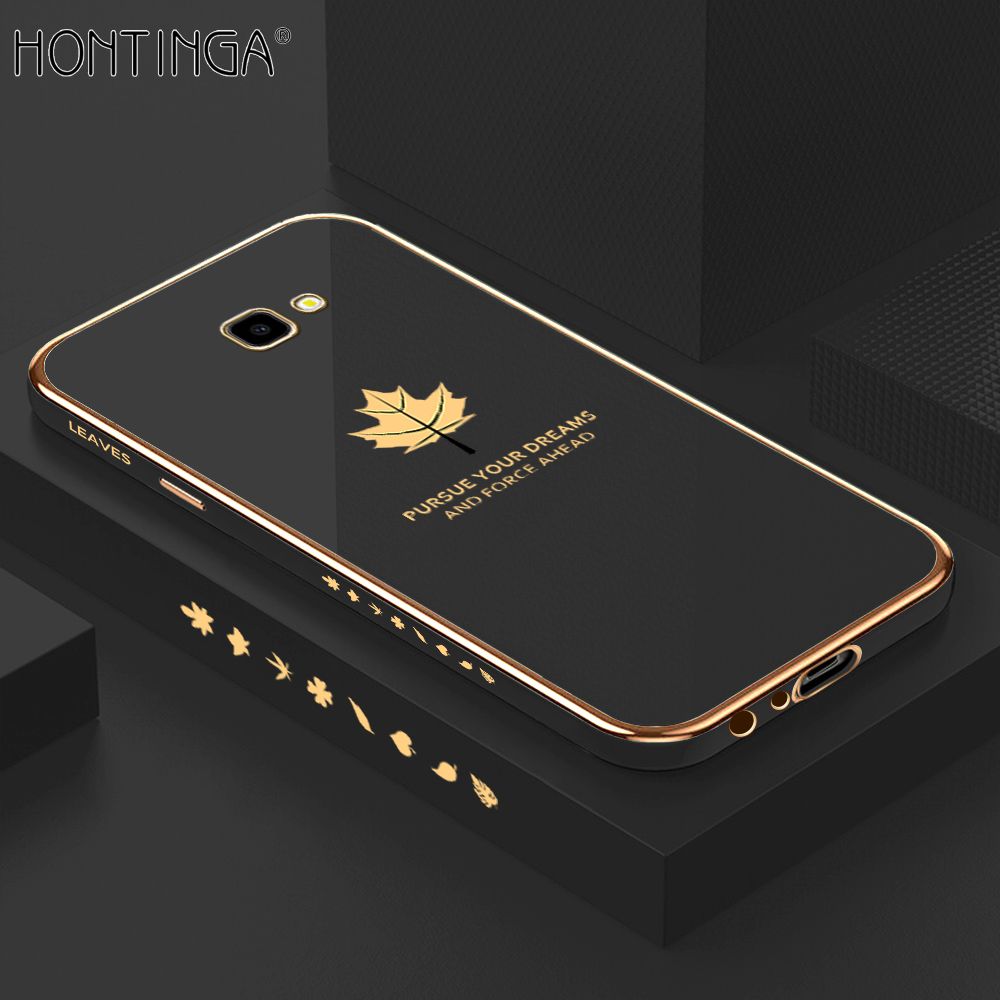 Hontinga for Samsung Galaxy J4 Plus 2018 / J4 Prime Back Cover + Free Lanyard Luxury 6D Plating Maple Leaf Side Pattern Case Soft Silicone Square Phone Cases