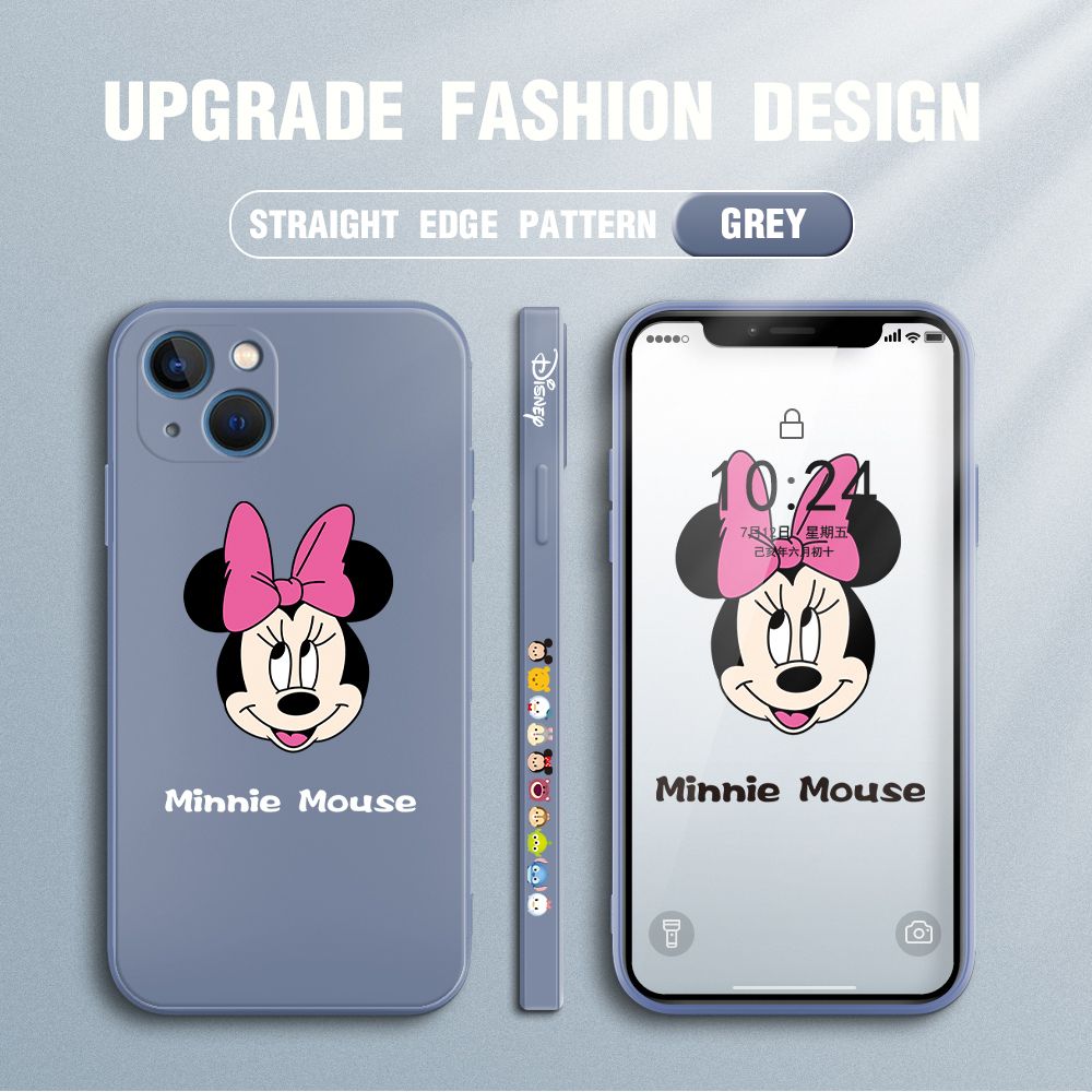 Jizetin for iPhone 13 Case Minnie Mickey Mouse Design Side Design Phone Case Square Edge Pattern Liquid Silicone Cases Full Cover Camera Shockproof Protective Case