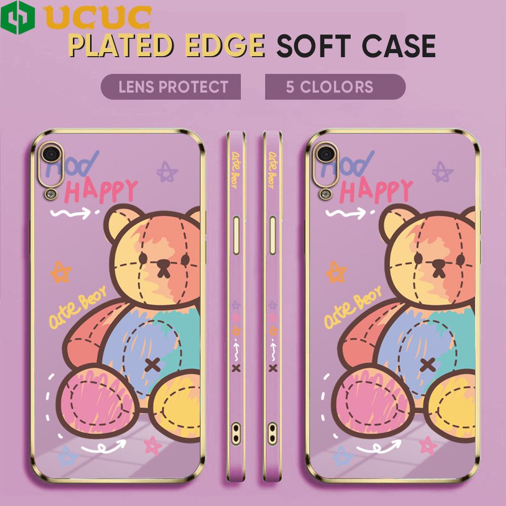 UCUC for Honor Y6 Pro 2019 / 8A Back Cover + Free Lanyard Colorful Muppet Bear Luxury 6D Plating Case Side Pattern Soft Silicone Square Phone Cases