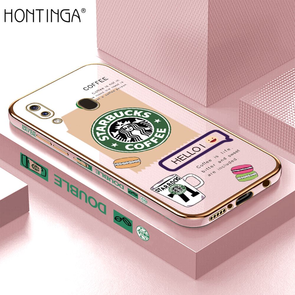 Hontinga for Samsung Galaxy A30 A20 Back Cover + Free Lanyard Luxury 6D Plating Fashion Coffee Side Pattern Case Soft Silicone Square Phone Cases