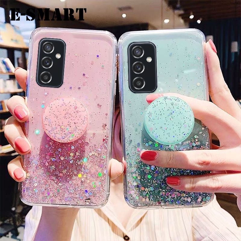 Phone case Samsung Galaxy M23 5G Back cover Shiny Ring Glitter Soft Transparent Holder Stand Back cover with String Glitter Space Stars Moon Samsung M23 5G Case