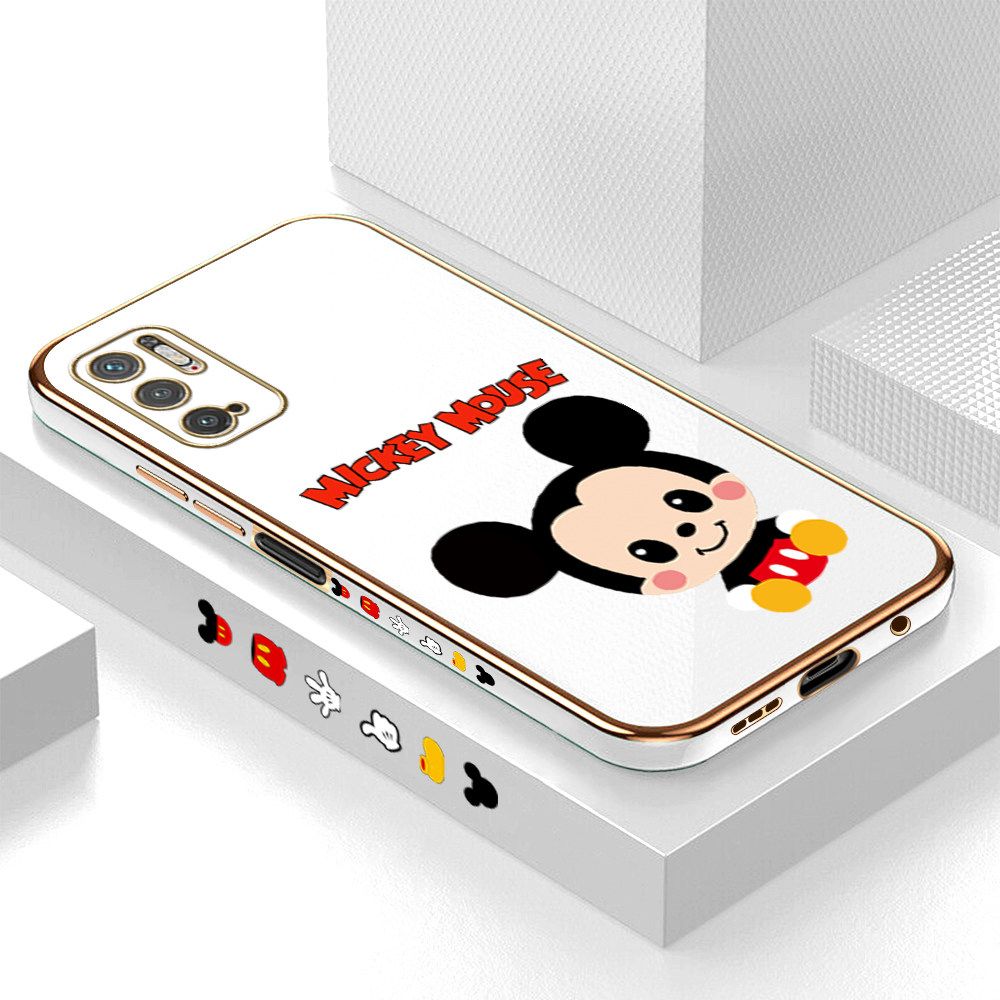 Luxury 6D Plating Case for Xiaomi Poco M3 Pro 5G Cute Cartoon Mouse Side Pattern Back Cover Soft Silicone Square Frame Shiny Bling Phone Cases + Free Lanyard