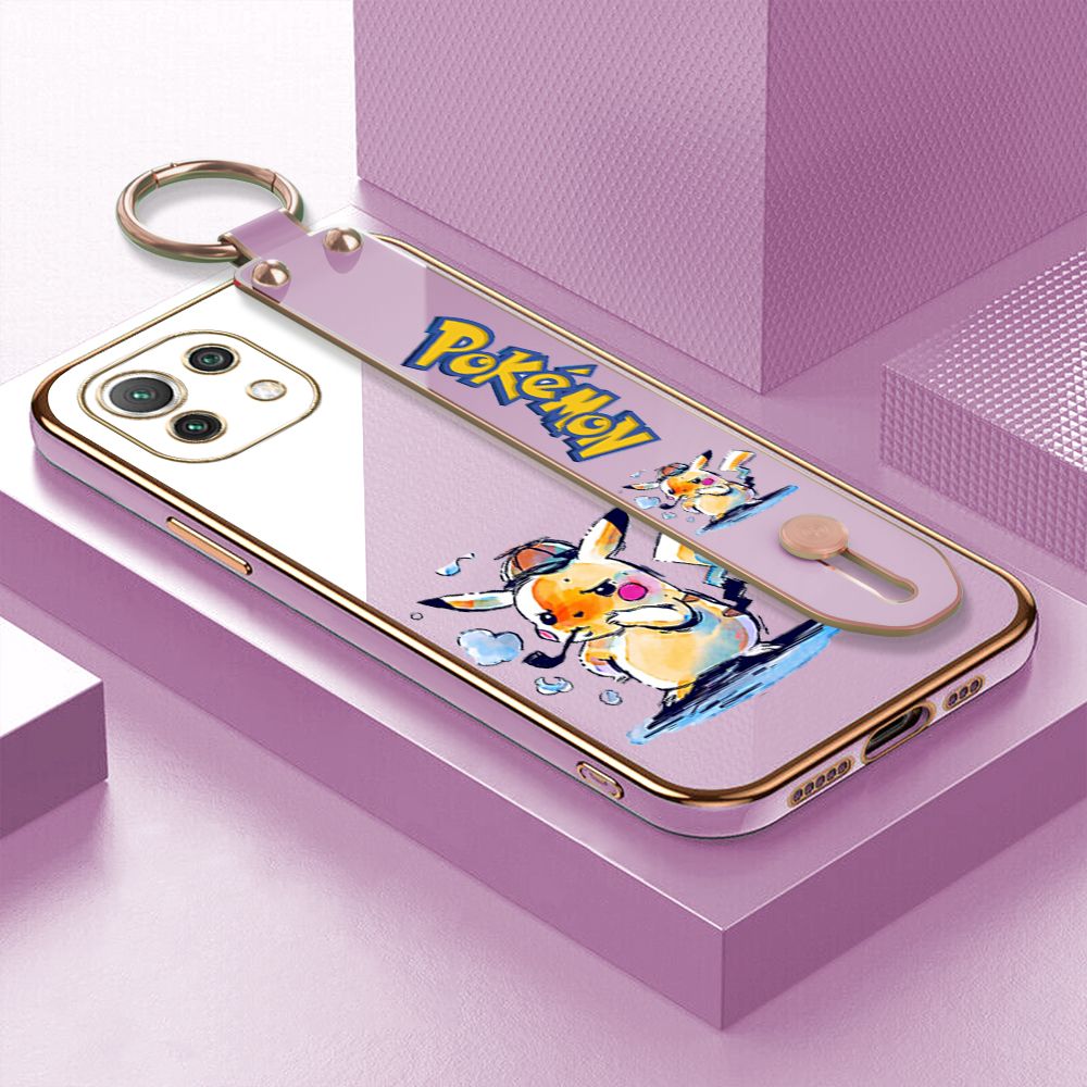 UCUC for Xiaomi 11 Lite 5G / 4G / 5G NE Wrist Strap Back Cover + Free Lanyard Pikachu Fashion Luxury 6D Plating Soft Casing Silicone Square Frame Phone Case