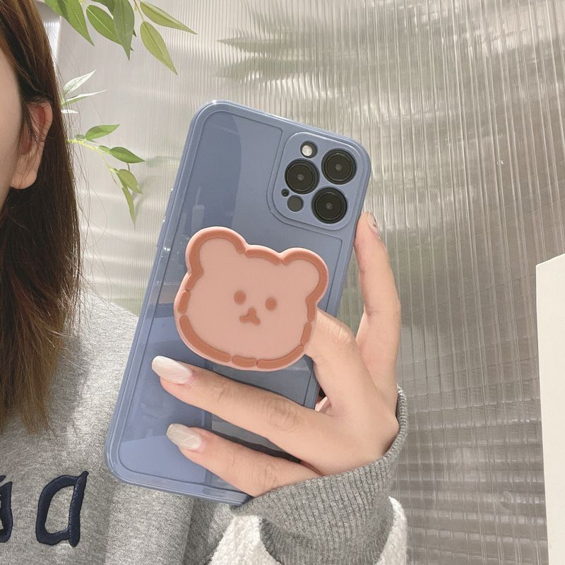 Blue Case with the Cute Bear Pop Socket Soft Silicone Cover Mobile Phone Protective Case
