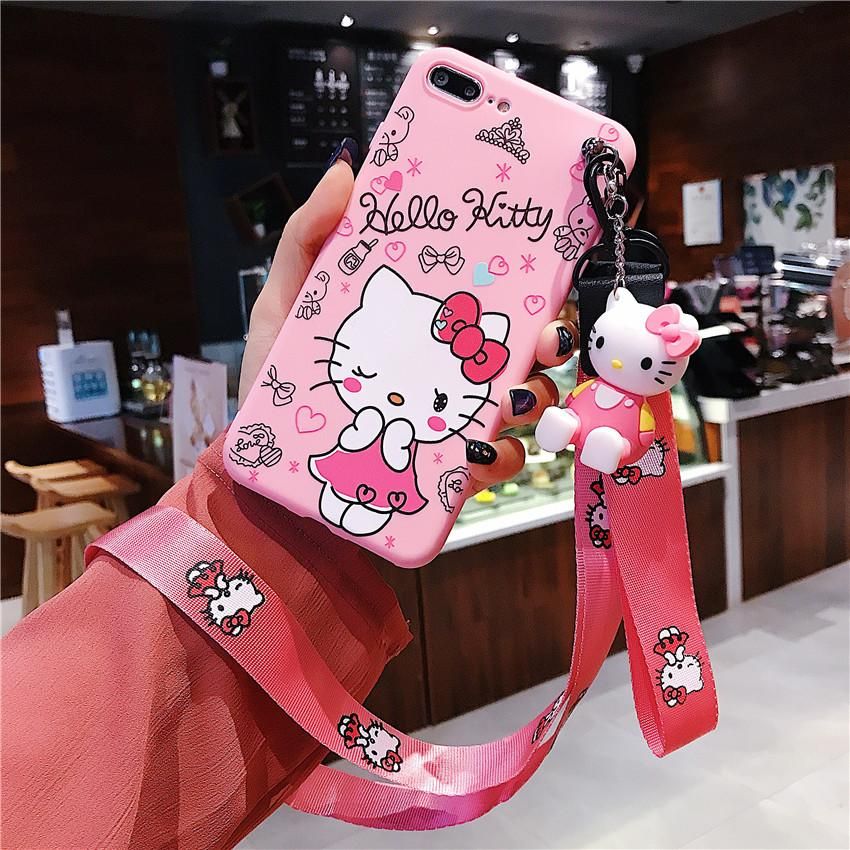 Hello Kitty Silicone Phone Case for OPPO A3s A5 A5s A7 F5 F7 F9/Realme 2 Pro / Realme U1 Case 3D Cute Carton Case with Holder Stand Lanyard Mobile Case TPU Soft Case