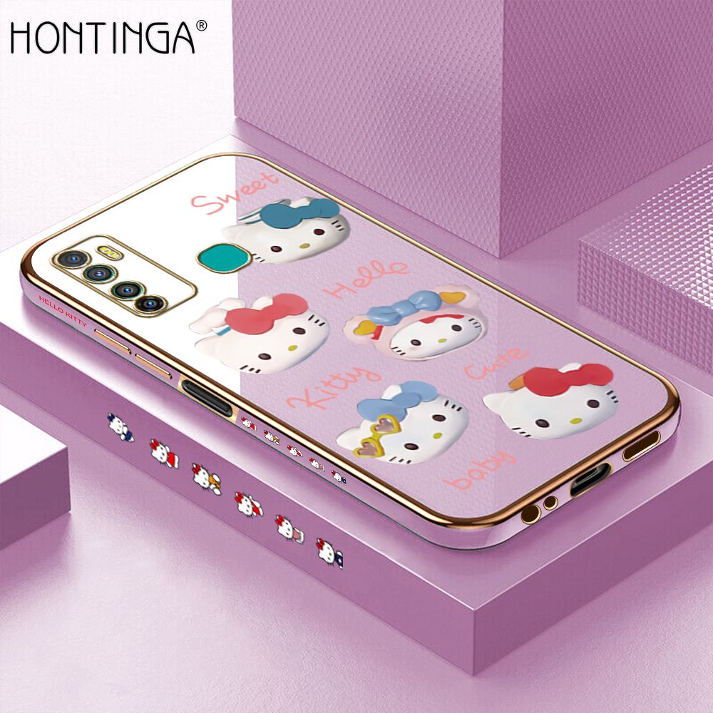 Hontinga for Infinix Hot 9 Back Cover + Free Lanyard Luxury 6D Plating Cartoon Cute Kitty Side Pattern Case Soft Silicone Square Phone Cases