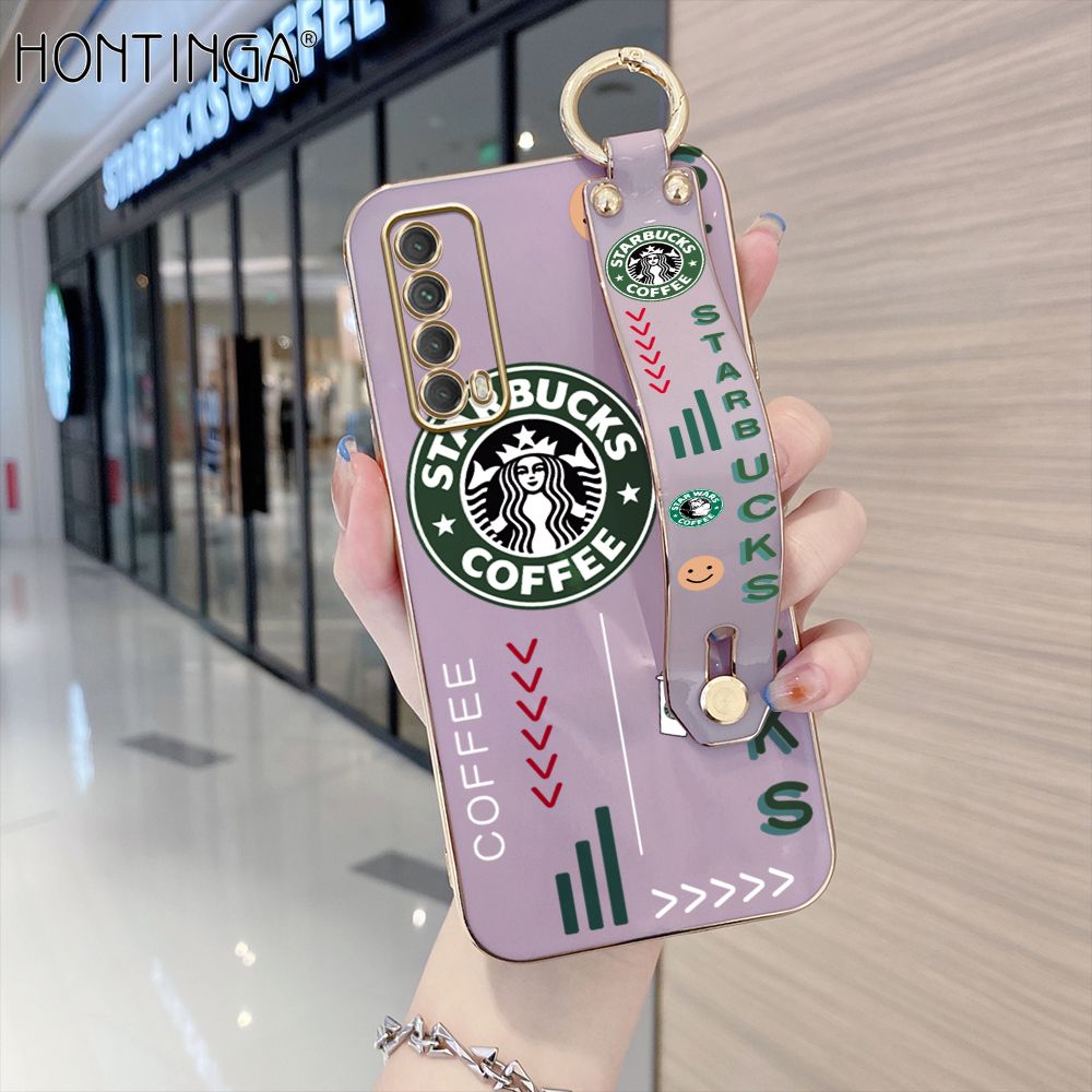 Hontinga for Huawei Y7A Back Cover With Wristband Luxury 6D Plating Coffee Sign Case Soft Silicone Square Phone Cases