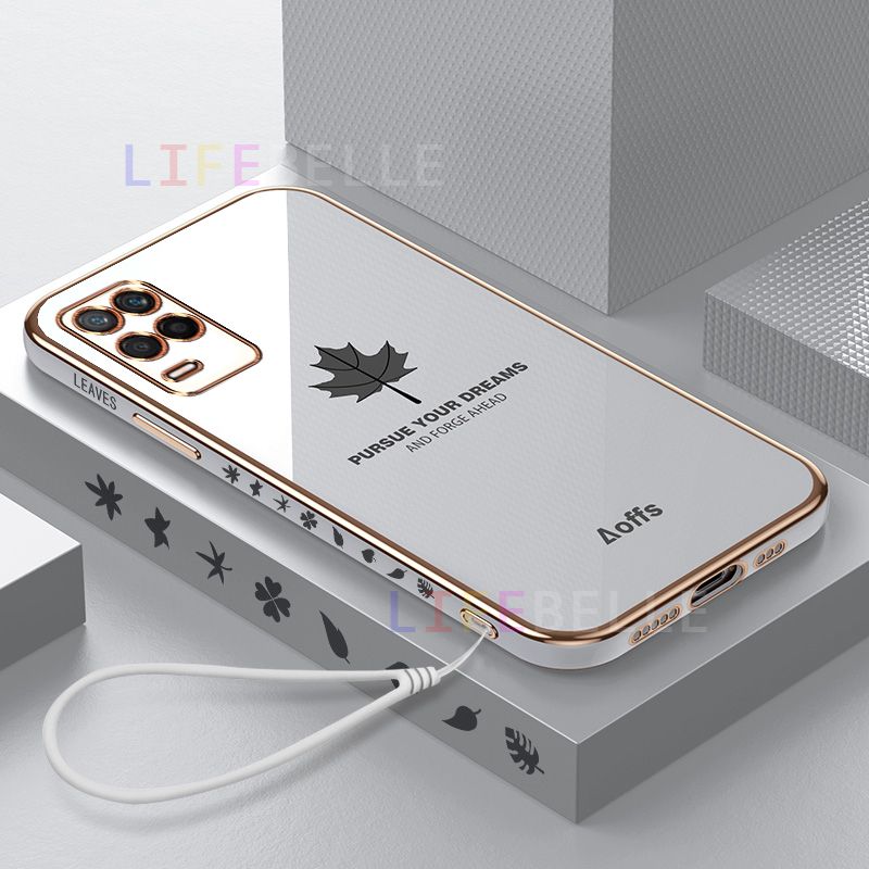 Casing for Realme 8 5G Case + Wrist Strap, Ultra Thin Shiny Maple Leaf Pattern Plating Square Edge Phone Cases Soft TPU Silicone Shockproof Casing Protective Cover
