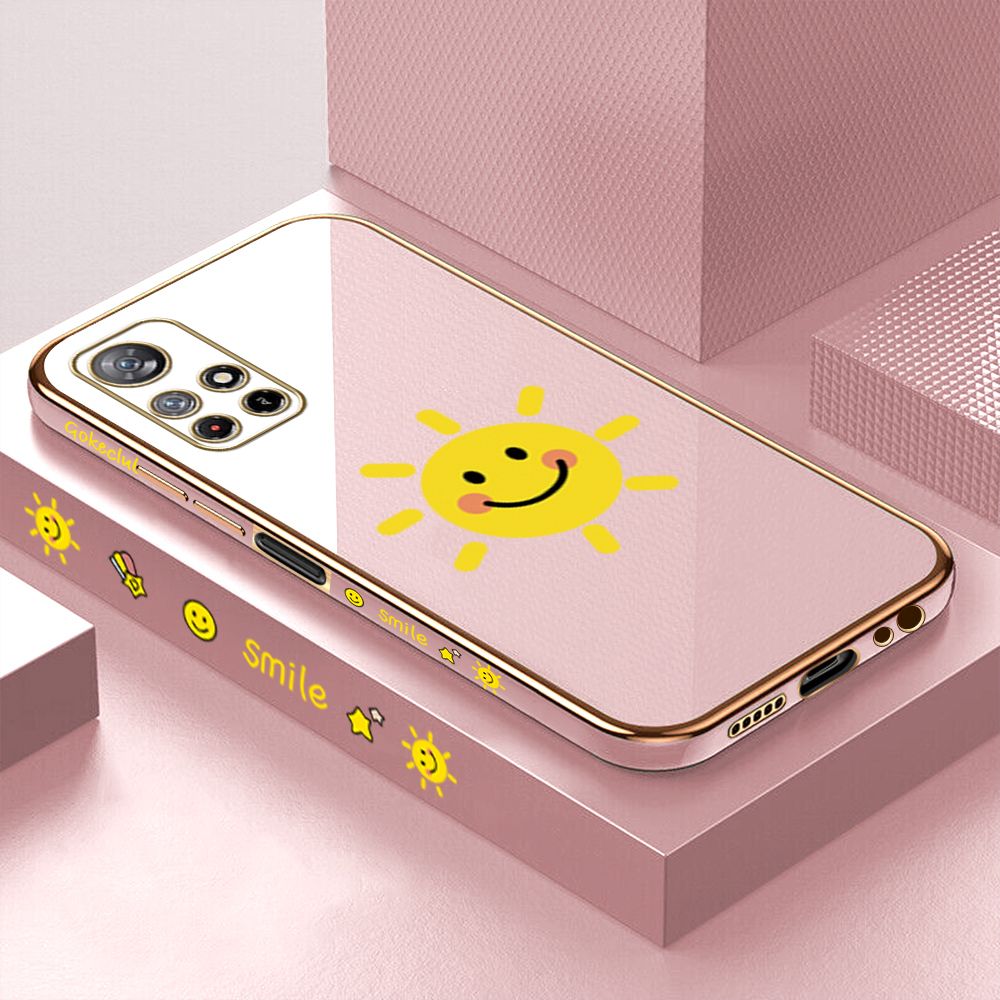 ZeroQiQi for Redmi Note 11 5G Xiaomi Poco M4 Pro 5G Back Cover Smiling Sun Luxury 6D Plating Case Side Pattern Soft Silicone Square Phone Cases + Free Lanyard