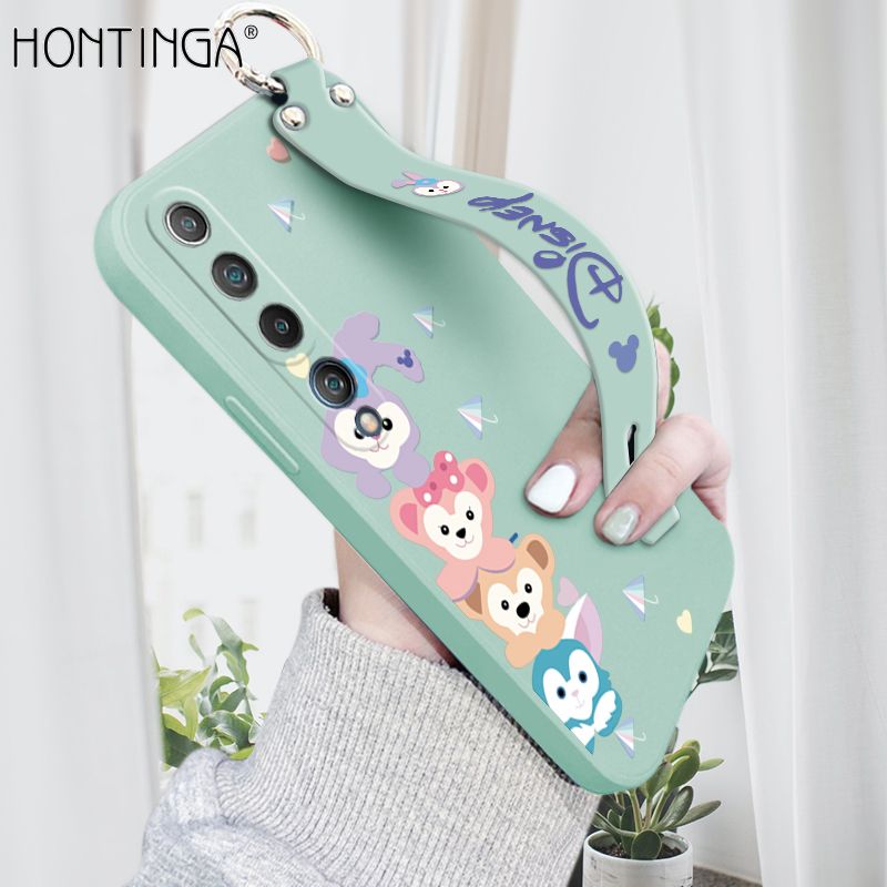 Hontinga for Xiaomi Mi 10 Wrist Strap Case INS Cute Style Creative Cartoon Rabbit and Fox Cover Thin Square Edge Liquid Silicone Phone Case
