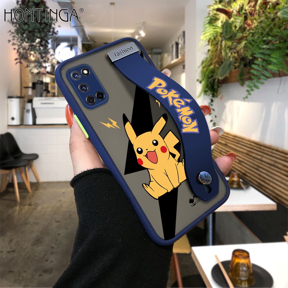Hontinga for OPPO A52 A92 Back Cover With Wristband Cartoon Pikachu Phone Casee Full Lens Protection Thin Frosted Cases