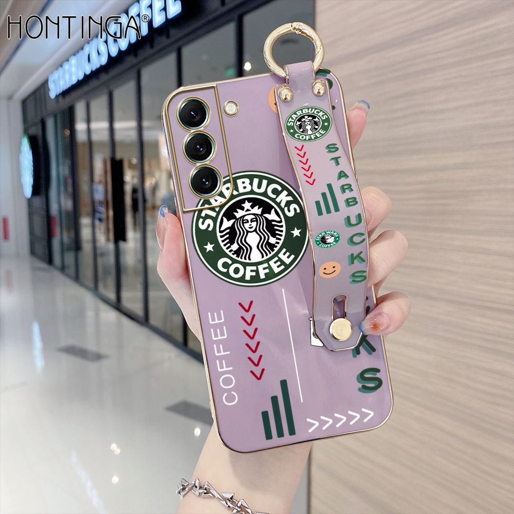 Hontinga for Samsung Galaxy S22 Plus 5G Back Cover With Wristband Luxury 6D Plating Coffee Sign Case Soft Silicone Square Phone Cases
